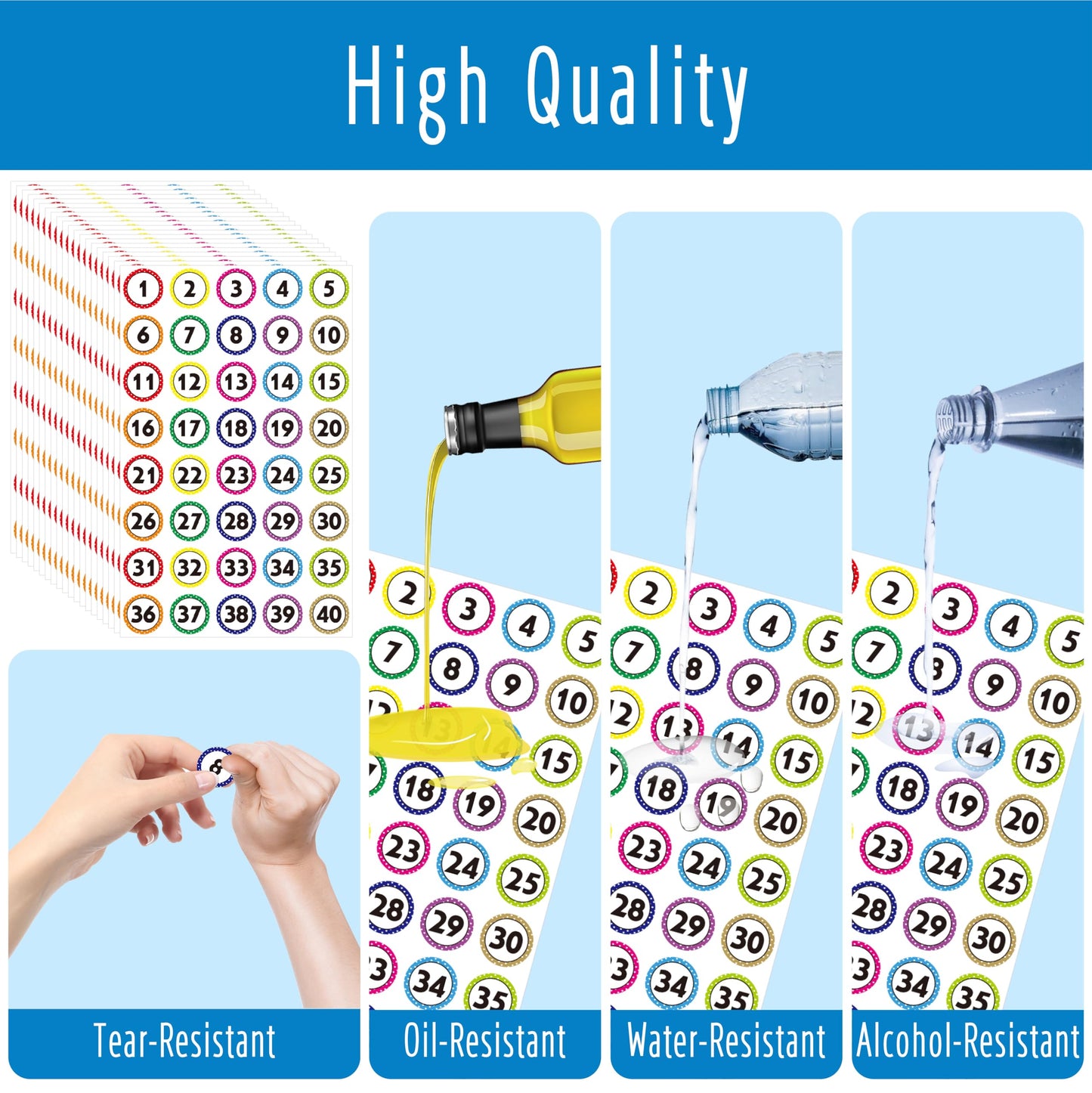 800 PCS 1-40 Number Stickers, Polka Dot Water/Oil/Tear Resistant Consecutive Number Labels, Remove Without Residue for Indoor, Outdoor, Office, Classroom, Storage, Organizing, Boxes (1”, 20 Sheets) 800