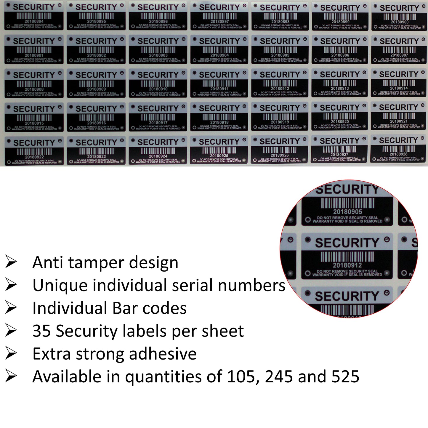 Tamper Evident Stickers, Tamper Proof Security Seal with Individual Serial Numbers and Barcode. Each Sticker is 1.56 x 0.75 inches. Destroyed Upon Removal. Residual Text Left on Item. (245 Stickers) 245 Stickers