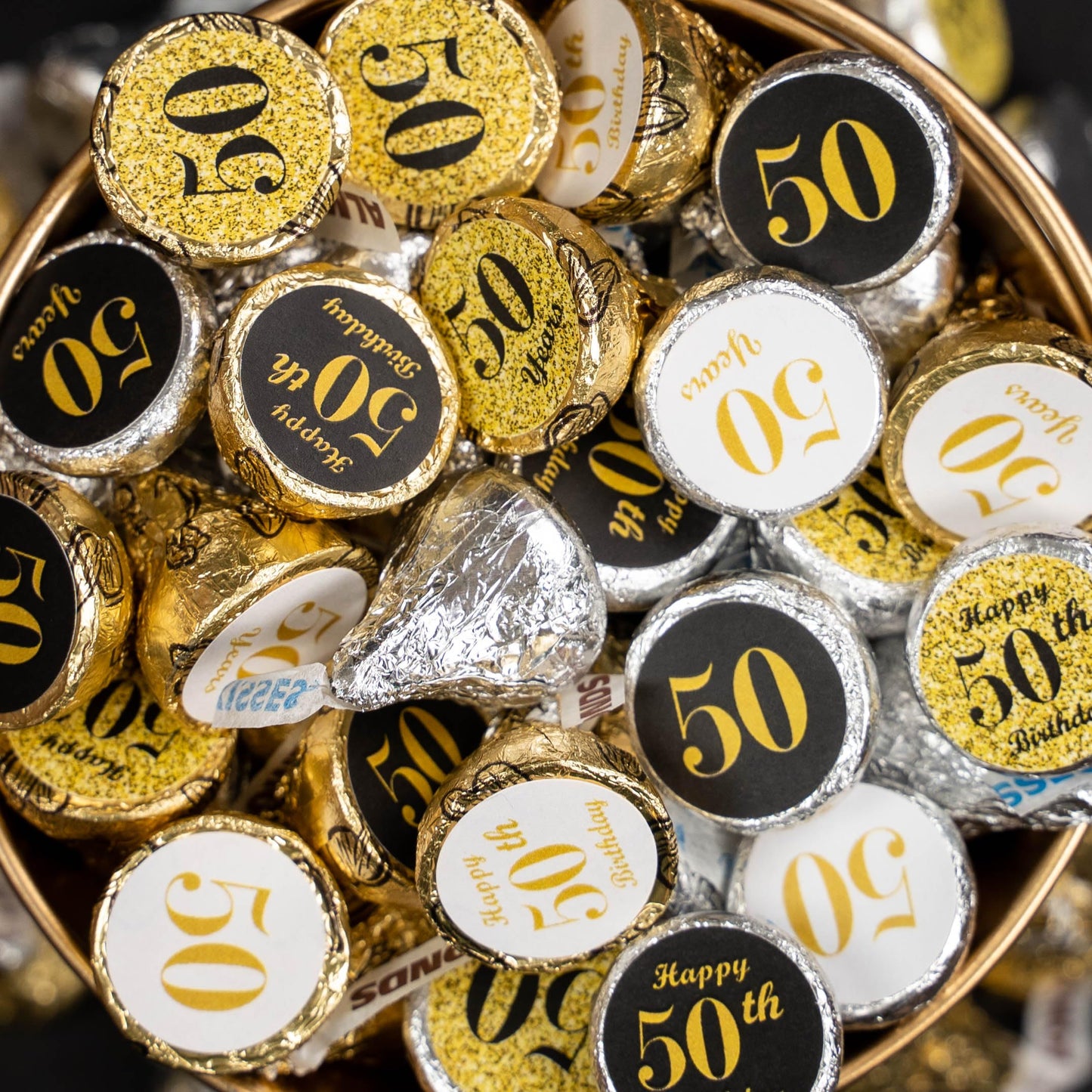 50th Birthday Kisses Stickers, (Set of 324) Chocolate Drops Labels Stickers for 50th Birthday, Party Favors Decor for Kisses. Made in USA, 9 Designs (36 Stickers of Each)