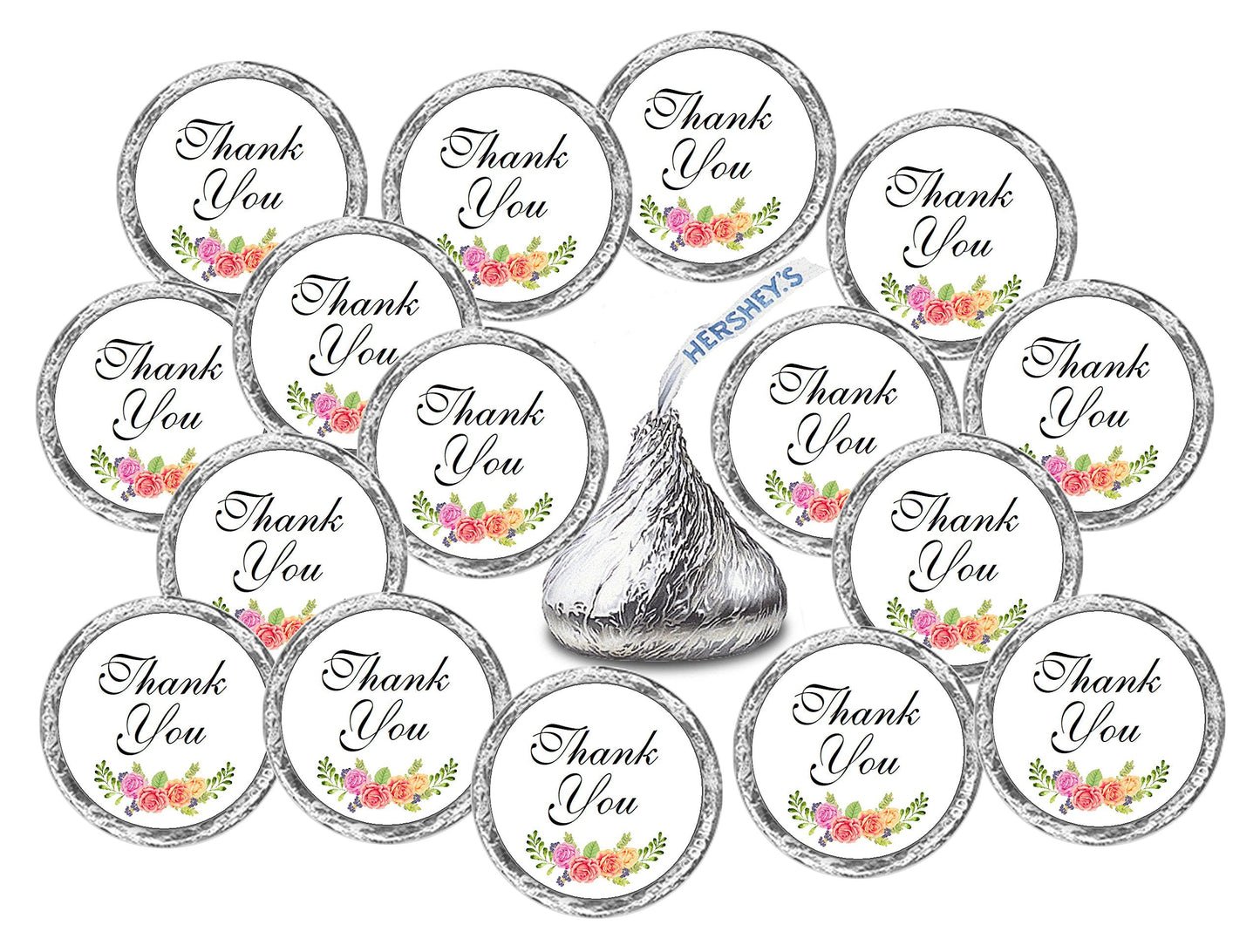 324 Floral Roses Thank You Kisses Wedding Stickers, Chocolate Drops Labels Stickers for Weddings, Bridal Shower Engagement Party Decorations, Favors for Kisses. Made in USA