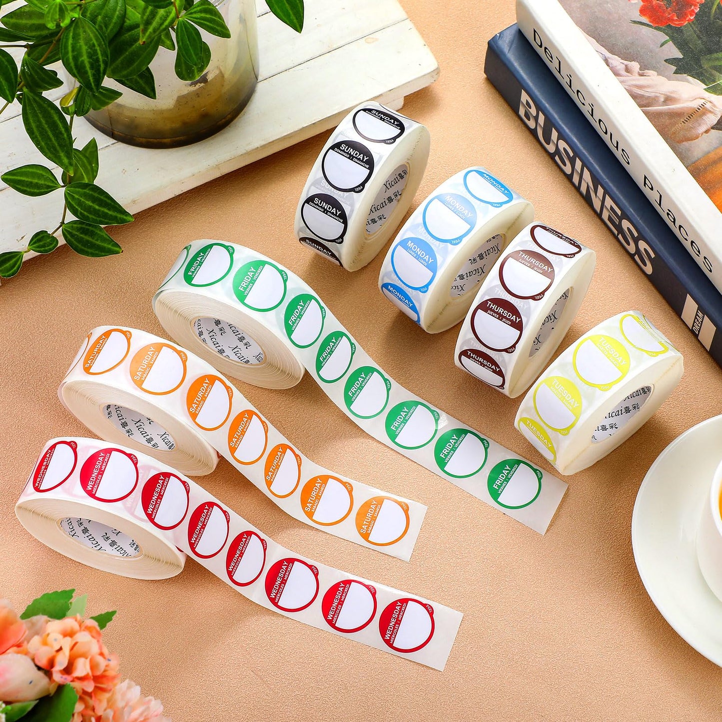 7000 Pcs Day of The Week Labels Food Labels Monday Through Sunday Management Inventory Stickers Removable Weekly Self Adhesive Date Dot Stickers for Restaurant Kitchen Containers Dispenser Round