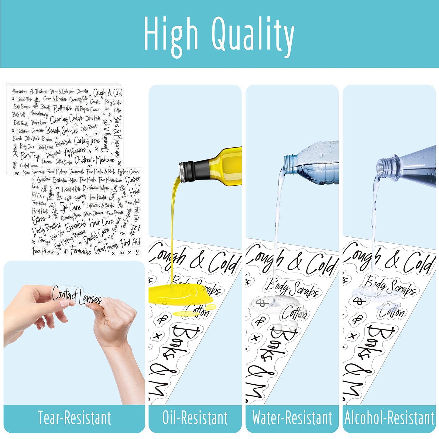 300+ Bathroom Labels, Include Over 265 Preprinted Bathroom, Beauty & Makeup Stickers and 36 Blank Ones, Waterproof/Oil/Tear Resistant No Residue Cursive Bathroom Stickers Style 3