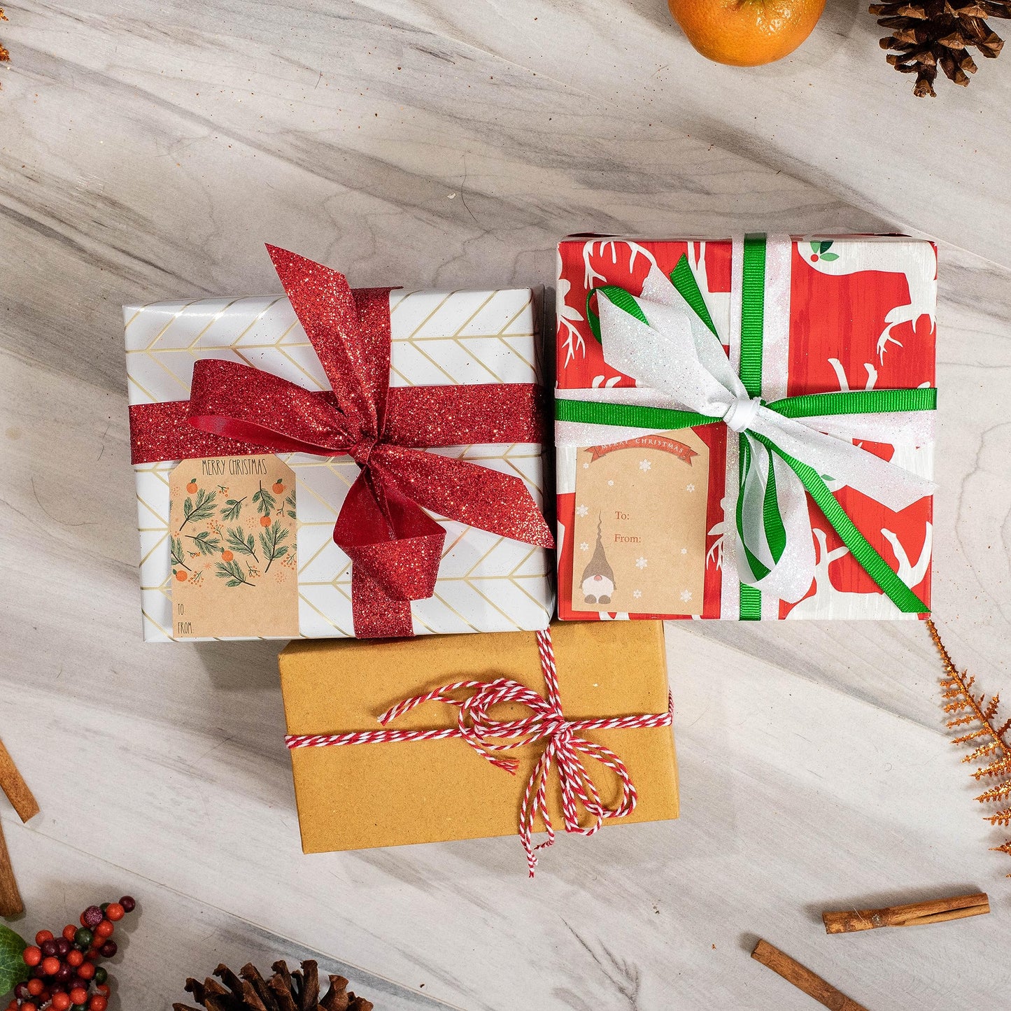 Natural Kraft Orange & Green Christmas Gift Tag Stickers – 2 x 3 Inch Adhesive Labels with Oranges & Fir Tree– 100 Eco-Friendly Labels, Made in USA
