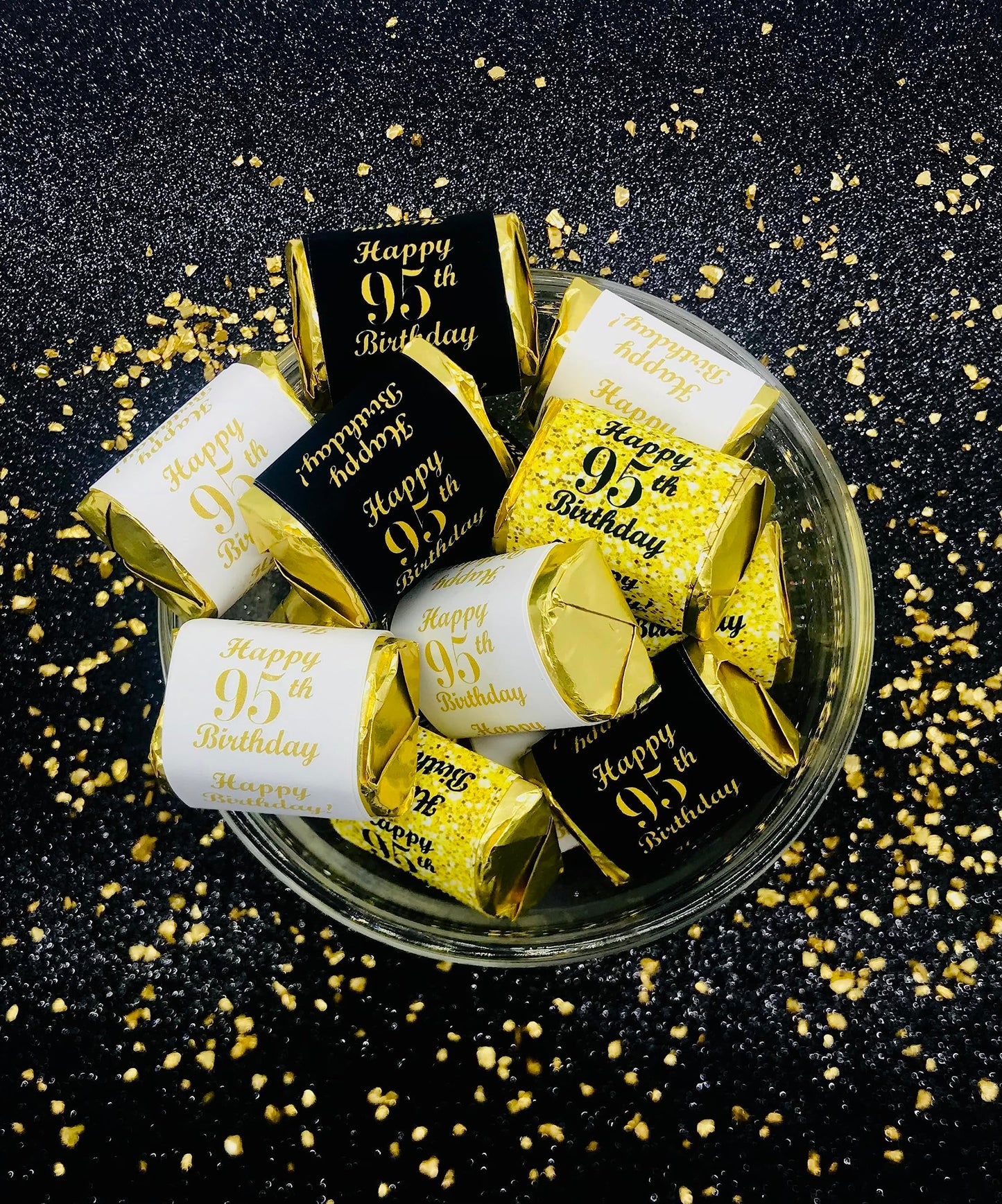 95th Birthday Nuggets Labels, Chocolate Candy Wrapper, (Set of 90) Candy Stickers; 3 Designs: 30 Gold, 30 Black, 30 White, Candy Not Included