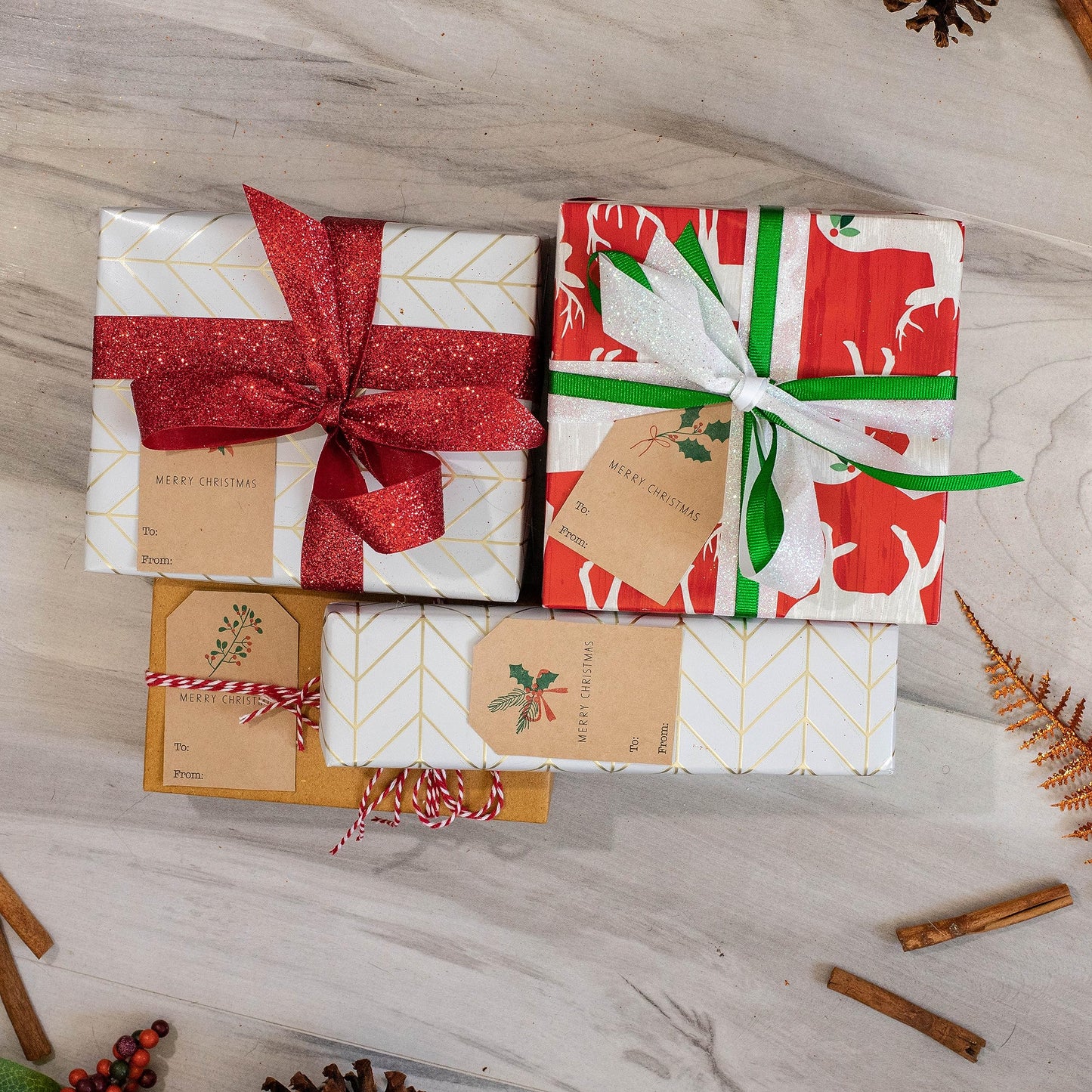 Mistletoe Holiday Gift Tags – 2 x 3 Inch Adhesive Labels with 4 Festive Mistletoe & Holly Designs – 100 Eco-Friendly Kraft Tags, Permanent Adhesive, Made in The USA