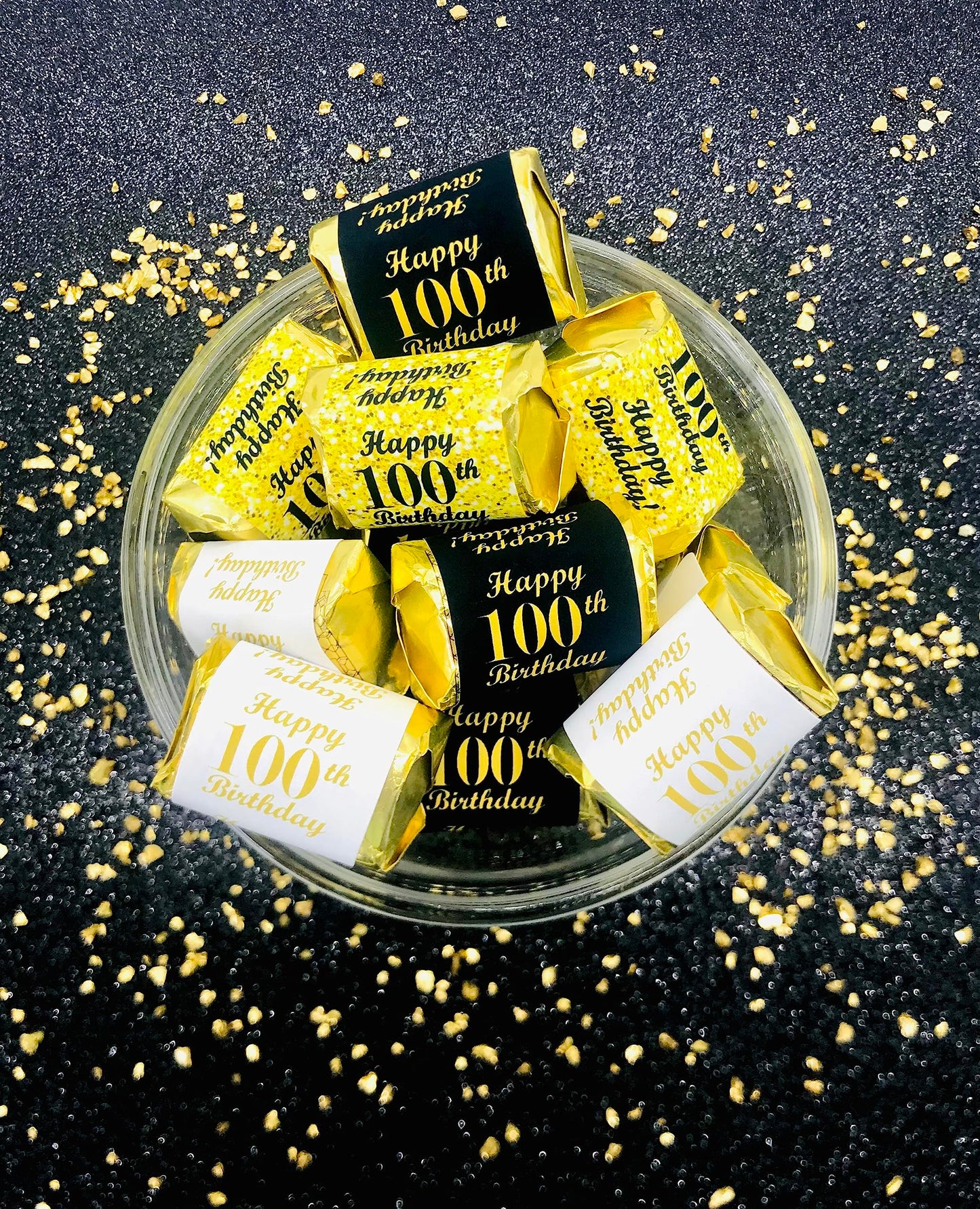 100th Birthday Nuggets Labels, Chocolate Candy Wrapper, (Set of 90) Candy Stickers; 3 Designs: 30 Gold, 30 Black, 30 White, Candy Not Included