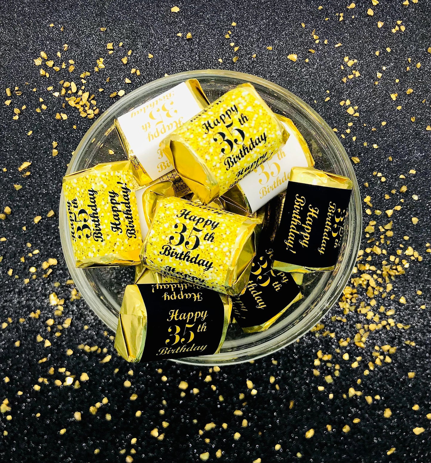 35th Birthday Nuggets Labels, Chocolate Candy Wrapper, (Set of 90) Candy Stickers; 3 Designs: 30 Gold, 30 Black, 30 White, Candy Not Included