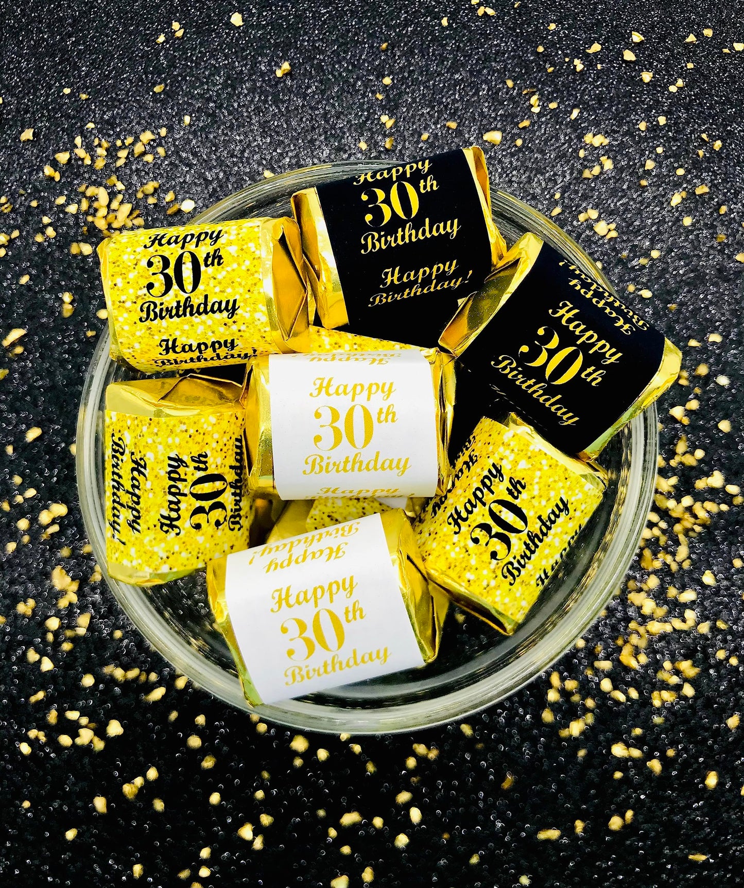 30th Birthday Nuggets Labels, Chocolate Candy Wrapper, (Set of 90) Candy Stickers; 3 Designs: 30 Gold, 30 Black, 30 White, Candy Not Included