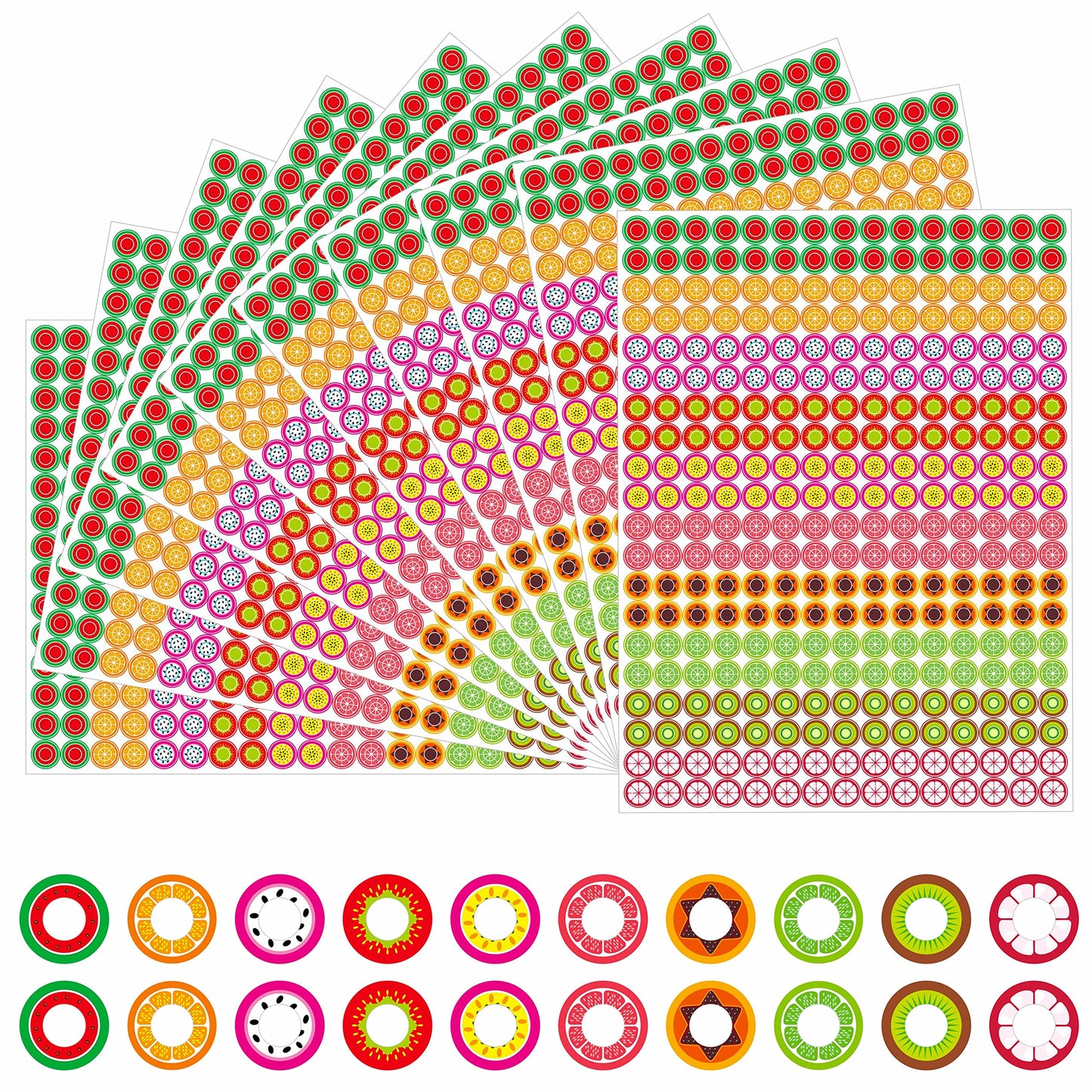 3000 Pack Fruit Design Hole Punch Reinforcement Sticker Labels, Tear Resistant Plastic Circles Hole Protectors for Loose-Leaf Paper Sheets, 10 Donut Designs(Outer 0.5”, Inner 0.25”) Colorful Fruit
