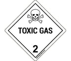 ChromaLabel 1-inch durable square D.O.T. hazard label for Class 2 toxic gas, shown in roll with multiple labels on white background.