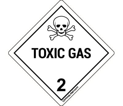 ChromaLabel 1-inch durable square D.O.T. hazard label for Class 2 toxic gas, shown in roll with multiple labels on white background.