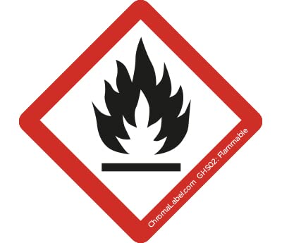 ChromaLabel 4x4 GHS02 Flammable hazard label, durable square D.O.T. industrial label, 4-inch size, red flame pictogram, 100 per roll