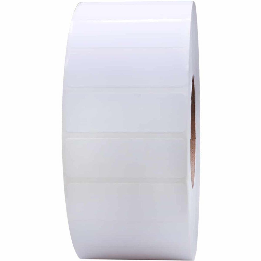White perforated thermal transfer labels for laser and inkjet printers, 3x1 inch, 5500 count on 3-inch core.