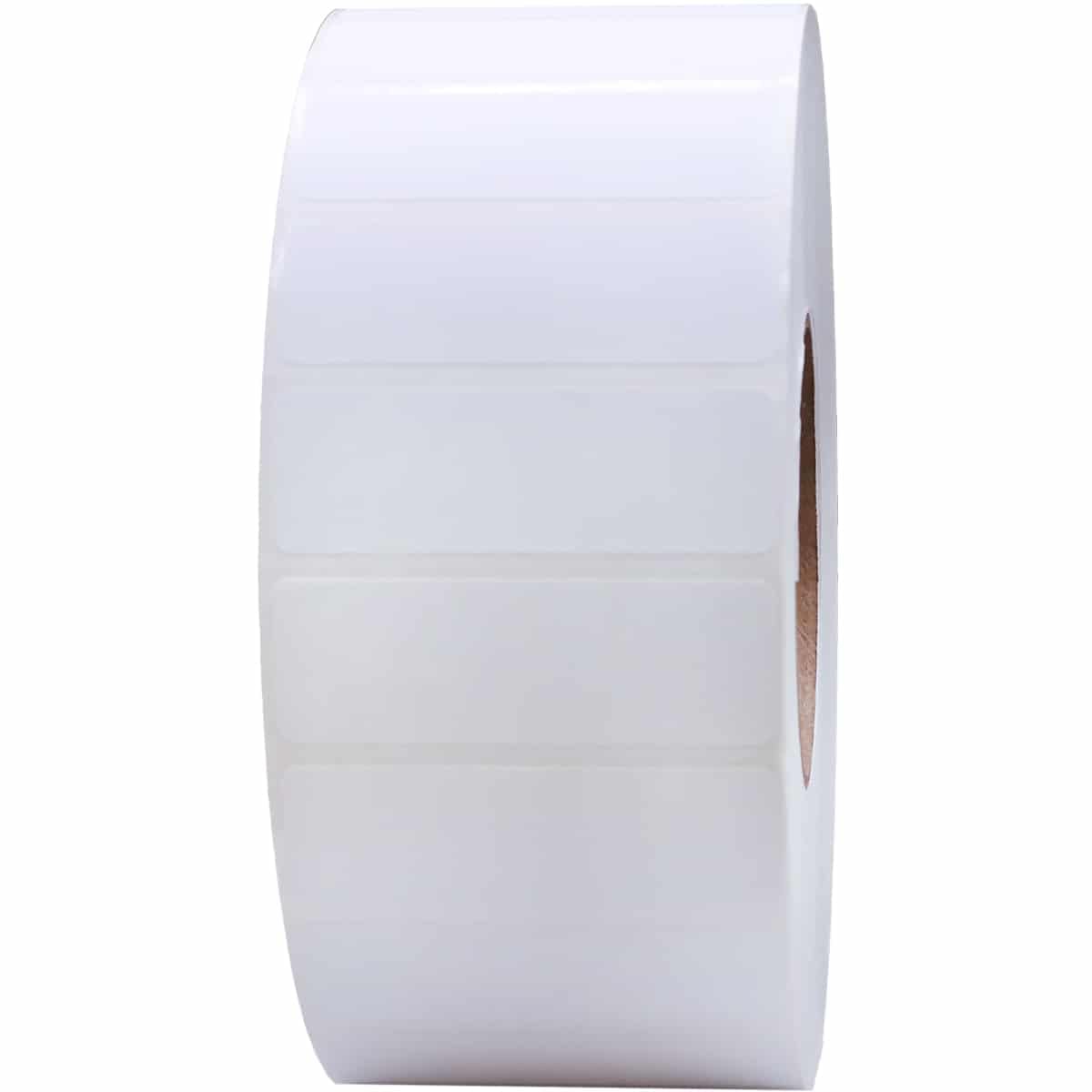 White perforated thermal transfer labels for laser and inkjet printers, 3x1 inch, 5500 count on 3-inch core.