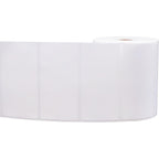 Four packs of 1-inch white perforated thermal shipping labels with permanent adhesive, suitable for thermal printers.