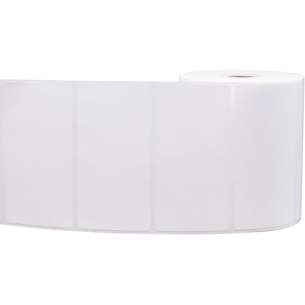 Four packs of 1-inch white perforated thermal shipping labels with permanent adhesive, suitable for thermal printers.