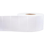 Four packs of 3-inch white perforated thermal labels with permanent adhesive, suitable for industrial thermal printers.