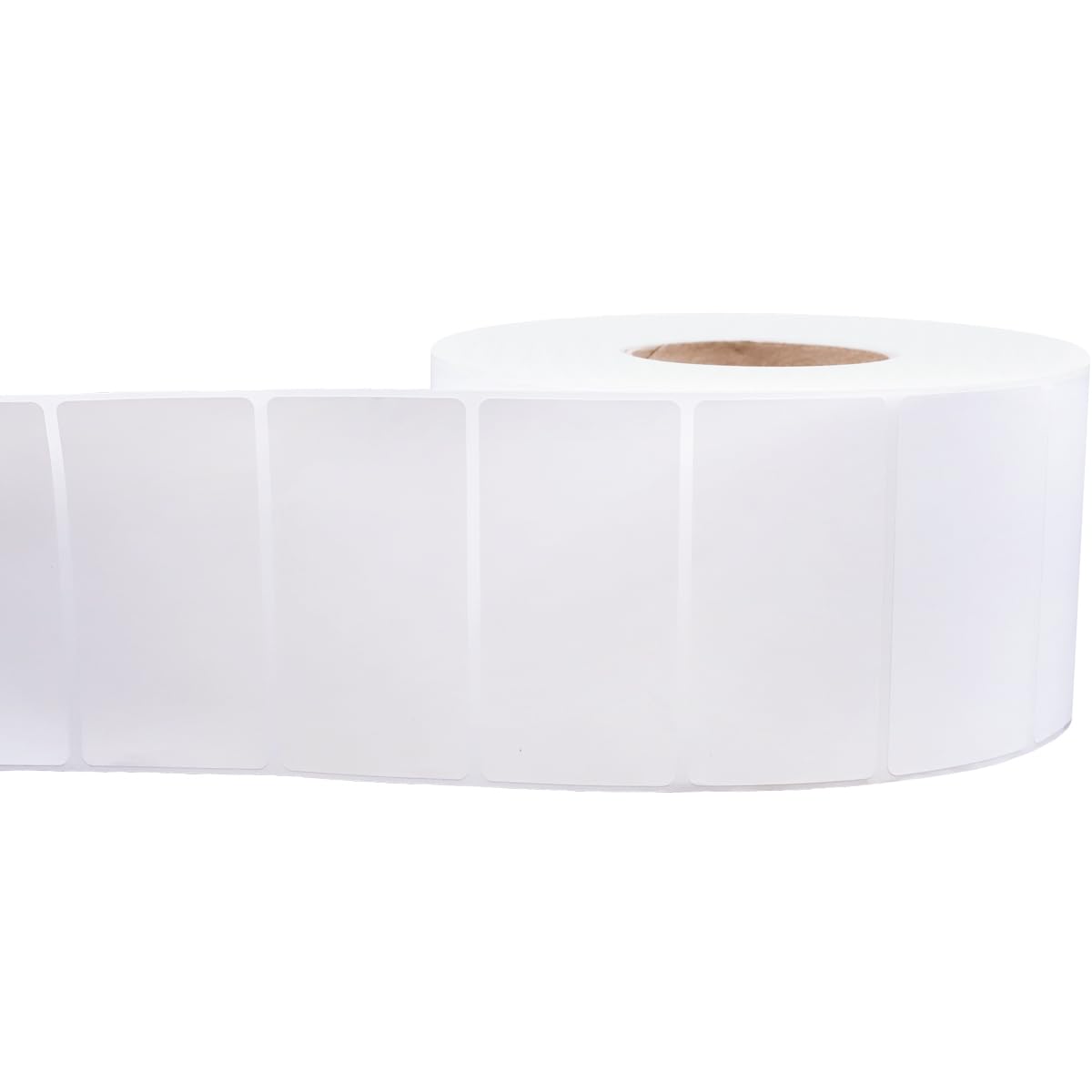 Four packs of 3-inch white perforated thermal labels with permanent adhesive, suitable for industrial thermal printers.