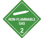 ChromaLabel 1-inch durable square D.O.T. hazard label for non-flammable gas, shown on roll in industrial labeling image.