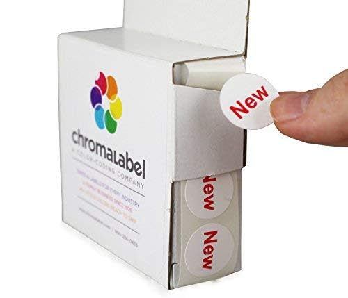 ChromaLabel 3/4 inch round removable labels on a dispenser box, ideal for grocery store inventory and item stickers, case of 5 packs