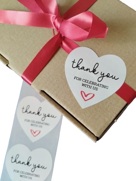 Thank you labels in heart shape, 5 cm, glossy polypropylene, printed in 2 colours. Thank you for celebrating with us