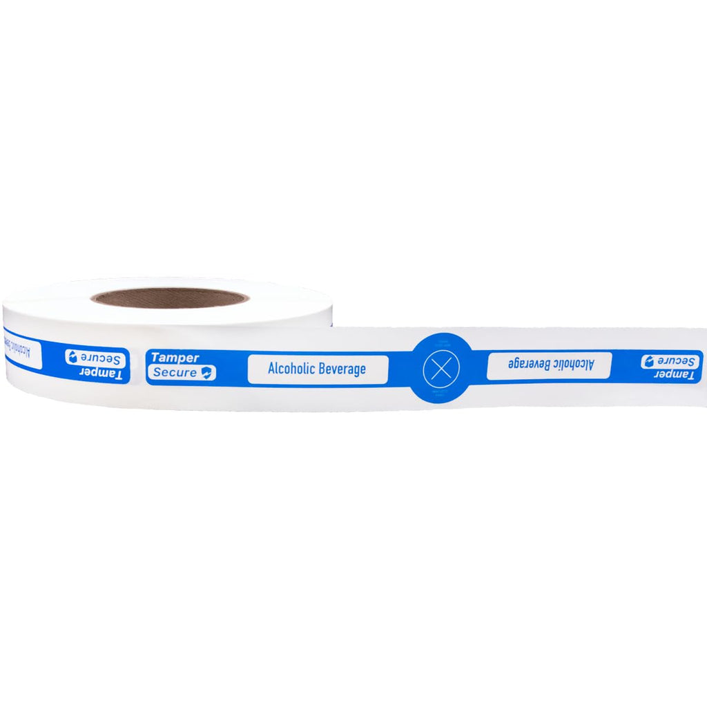 Roll of 5 labels with tamper-evident seals for alcohol to-go drinks, 0.625 x 10 inches, secure adhesive, made in the USA