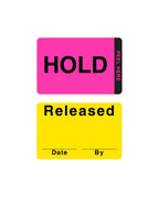 ChromaLabel fluorescent pink and yellow double-layer color-coding quality control labels with "Hold" and "Released" imprints, 2 x 3 inches.
