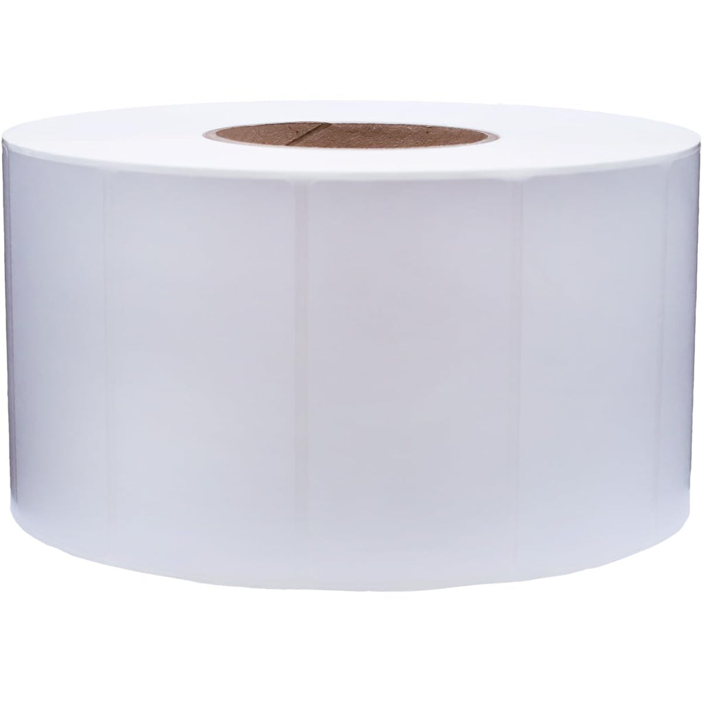 Four packs of 3-inch white perforated thermal labels with permanent adhesive, suitable for industrial printers, 3000 labels total.