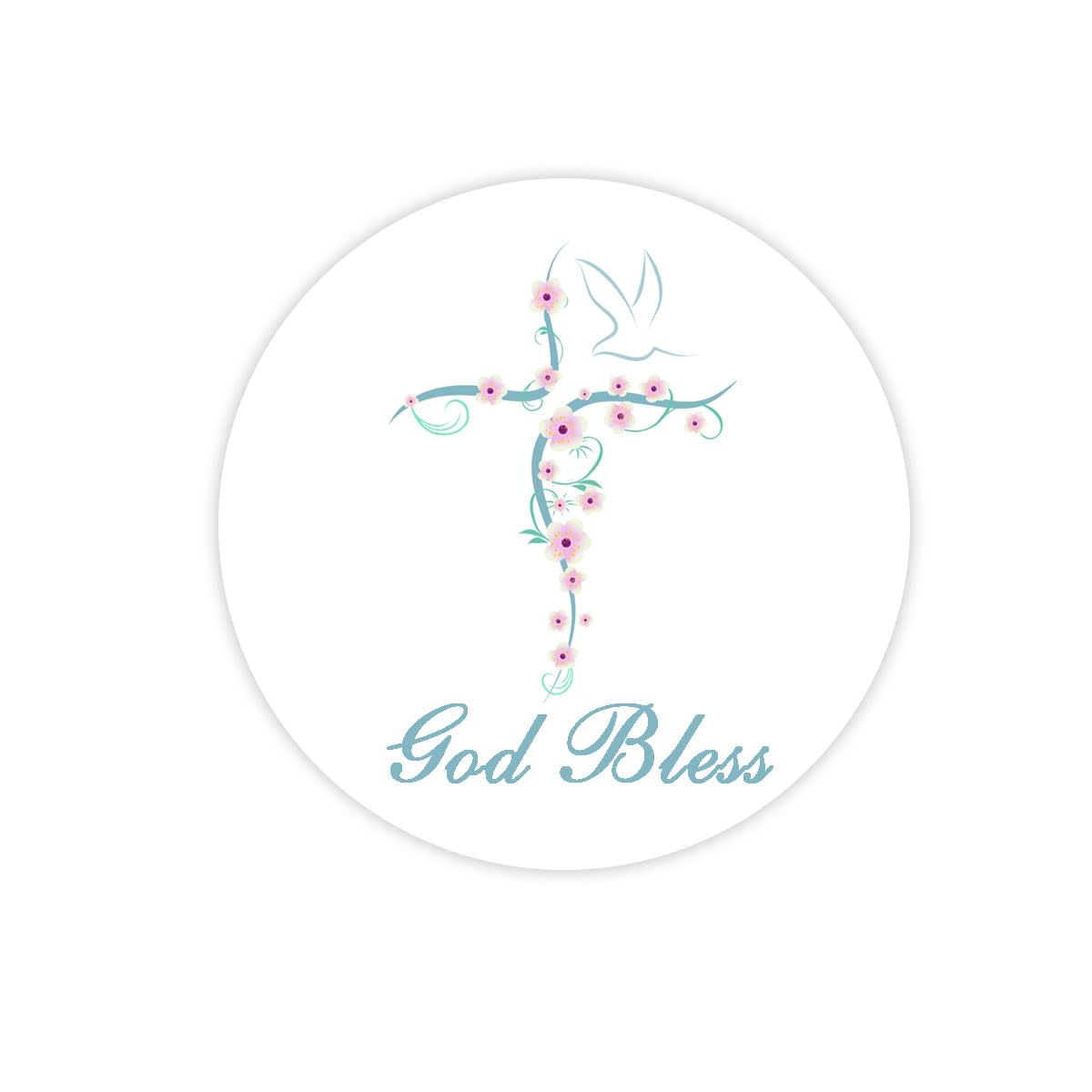 Floral Cross Stickers 2 Inch God Bless Sticker Labels for Religious, Confirmation, Christening, First Communion(Pack-500)