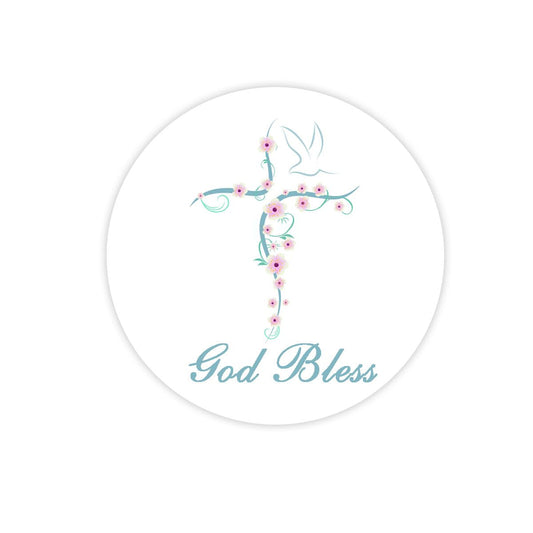 Floral Cross Stickers 2 Inch God Bless Sticker Labels for Religious, Confirmation, Christening, First Communion(Pack-500)