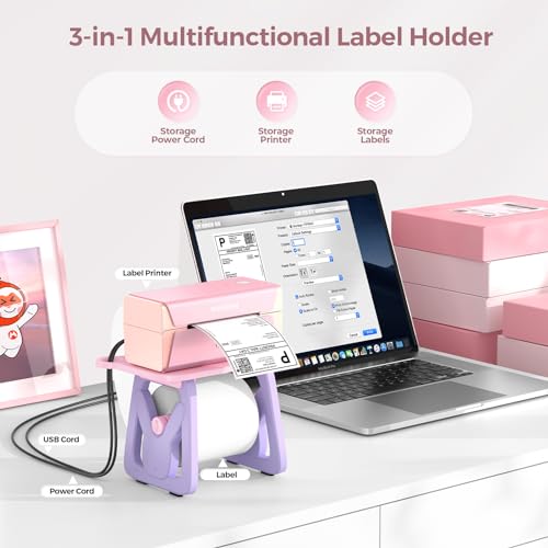 MUNBYN Label Holder for Rolls and Fanfold Labels+2.25"x1.25" Purple Thermal Sticker Labels