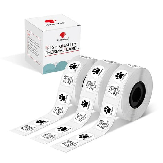 Phomemo D30 Label Tape Circle Round Shape Black Print on White Sticker, 14x28 mm, Self-Adhesive Thermal Label Tape, 0.55 x 1.1 Inch (1/2" x1") 220 Tapes/Roll, 3-Roll, Cloth Size Label