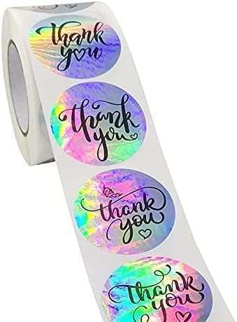 500pcs Silver Thank You Labels - Holographic Roll Adhesive Business Labels, Rainbow Holo Stickers for Boutiques Shop Wrapping Supplies