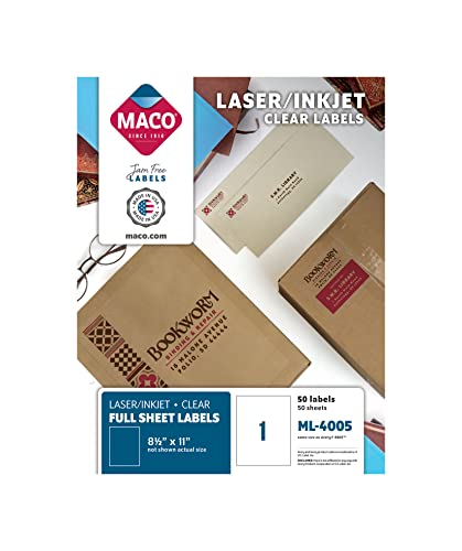 MACO Laser/Ink Jet Glossy Clear Full Sheet Labels, 8-1/2" x 11", 1 per Sheet, 50 per Box (ML-4005)
