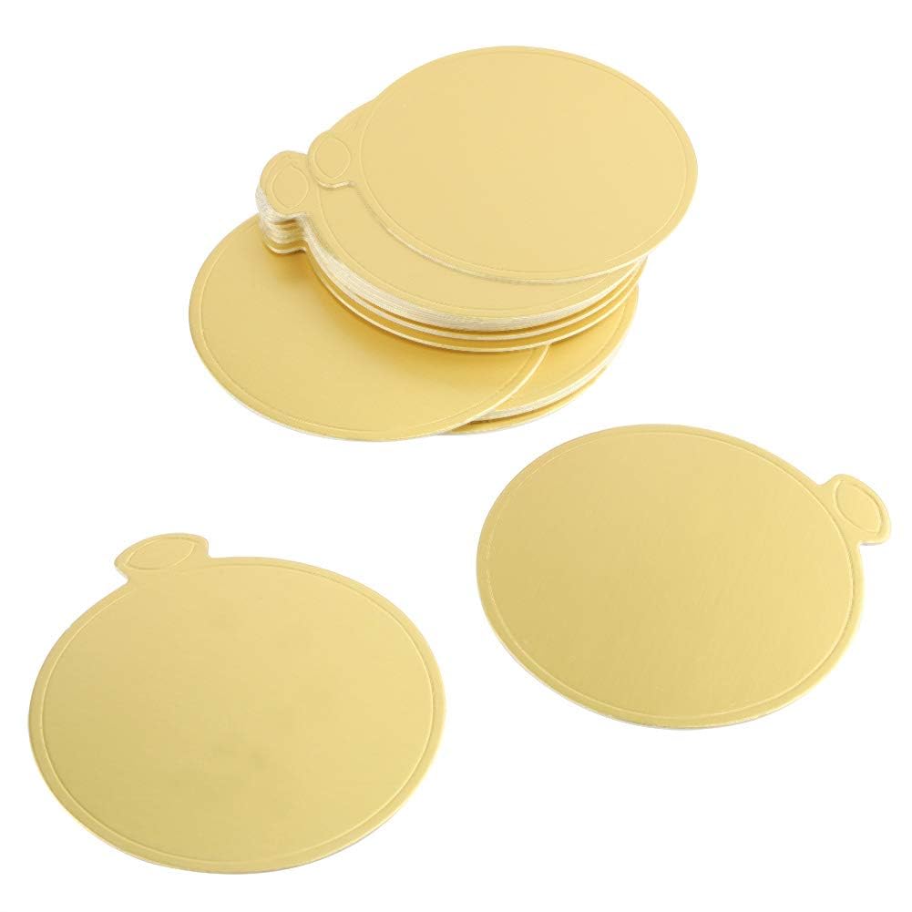 100 Pcs Gold Paper Cake Boards Mousse Cupcake Dessert Display Trays 3.54 Inch Round for Pastries Wedding Birthday Party