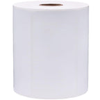 Four sheets of 1-inch core white thermal shipping labels with perforations, designed for thermal printers and permanent adhesive.