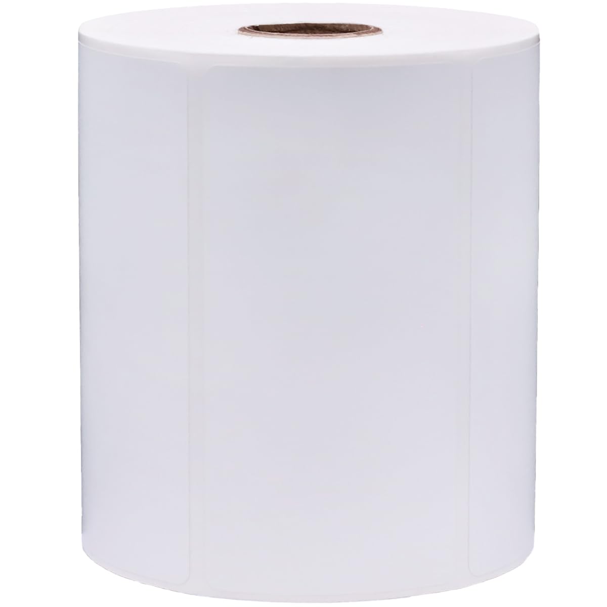 Four sheets of 1-inch core white thermal shipping labels with perforations, designed for thermal printers and permanent adhesive.