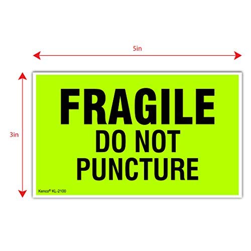 Kenco 3" X 5" Fragile Do not Puncture Fluorescent Shipping Label Stickers - 500 Permanent Adhesive Labels Per Roll 1 PACK