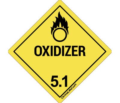 ChromaLabel 4x4 permanent hazard label for oxidizers, industrial D.O.T. class 5.1, on a roll of 100 durable square labels.
