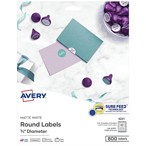 AVERY Printable Round Labels with Sure Feed, 3/4" & 2" Diameter, Matte White, 800 & 300 Customizable Labels