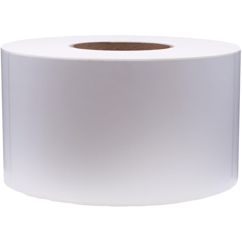 Four packs of 4x8 white perforated thermal labels for laser and inkjet printers with permanent adhesive, 750 labels per pack.
