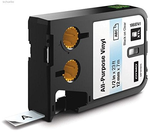 DYMO XTL All-Purpose Vinyl Labels, 1/2" x 23', Black on Clear 3/4" (19MM)