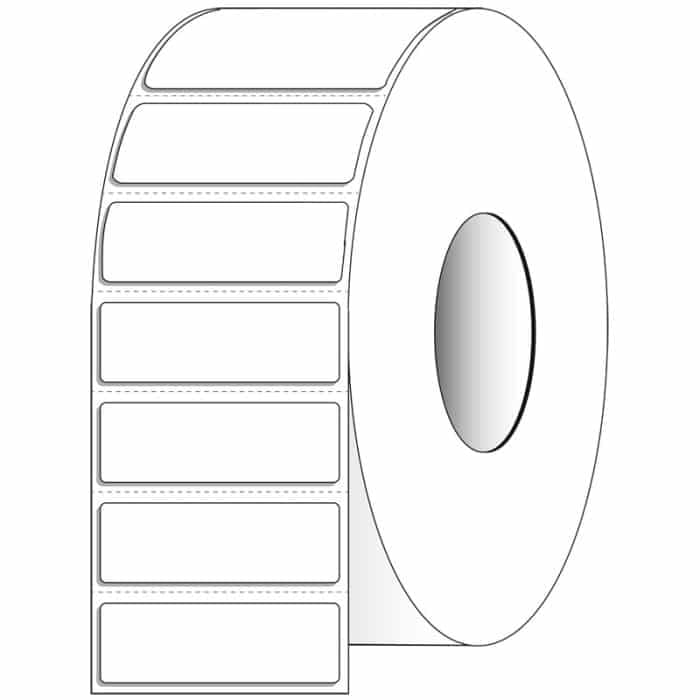 White perforated thermal transfer labels for laser and inkjet printers, 3x1 inch, 5500 count on 3-inch core.