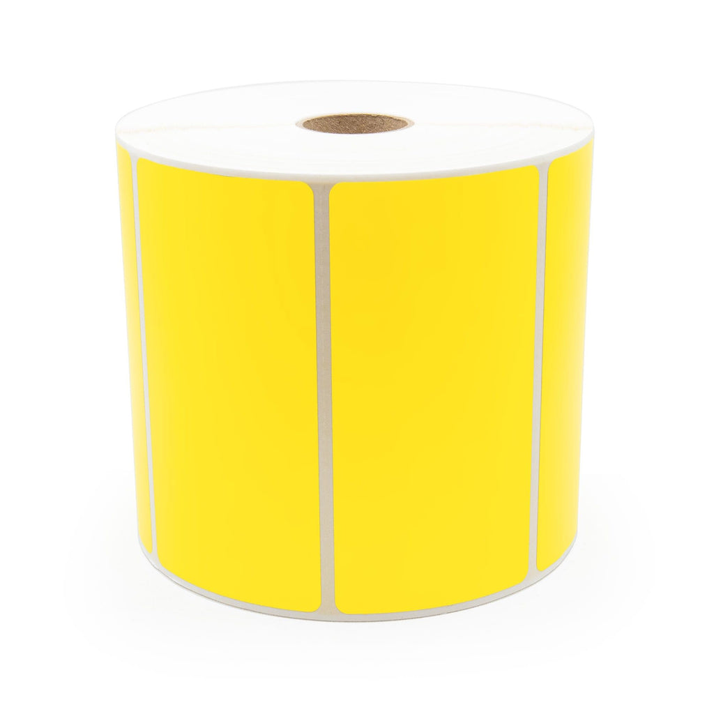 Yellow Zebra shipping and handling labels, 4x2 inches, by Labelvalue, shown on a flat surface.