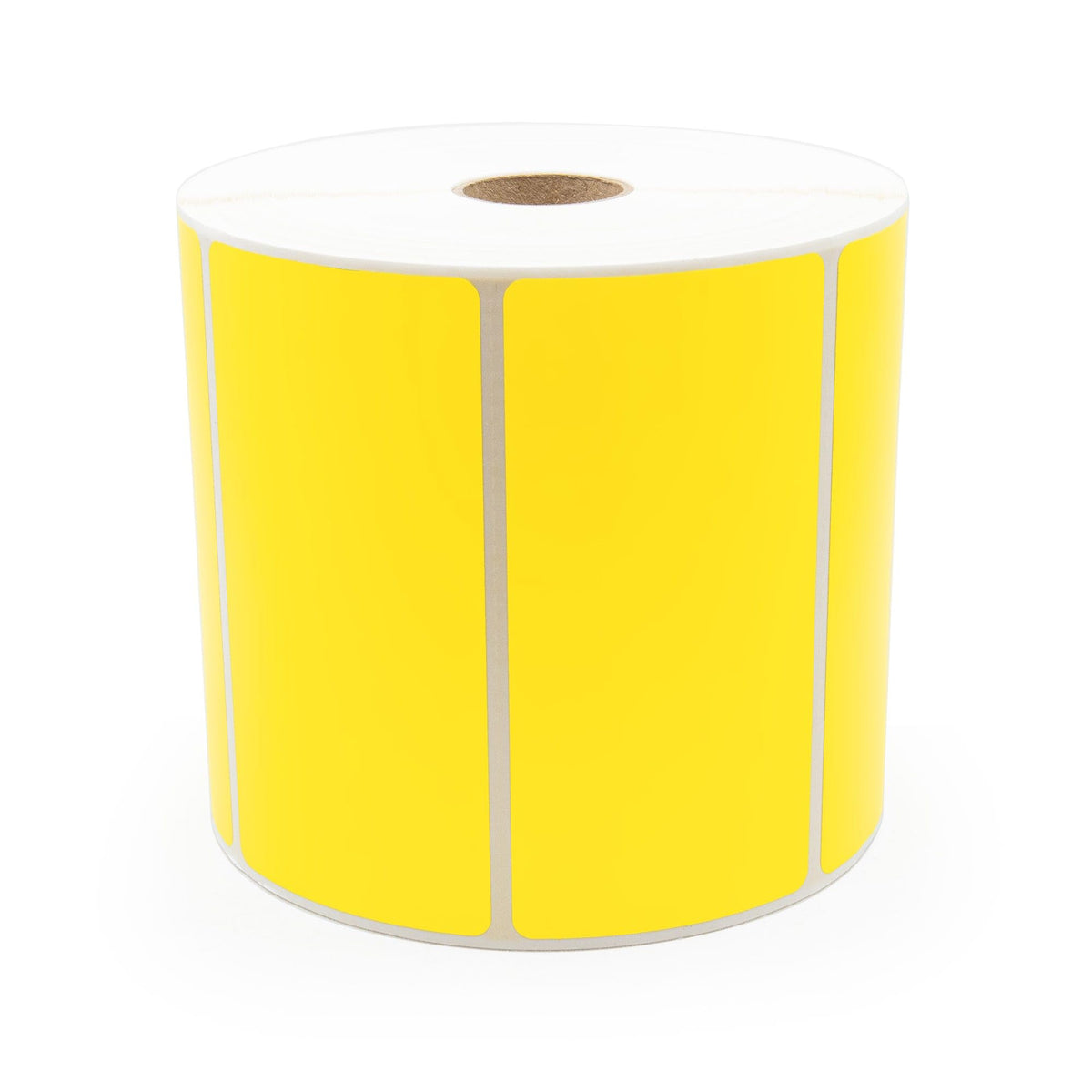 Yellow Zebra shipping and handling labels, 4x2 inches, by Labelvalue, shown on a flat surface.