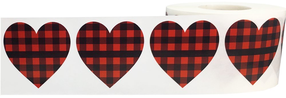 Red Buffalo Plaid Heart Stickers Valentine's Day Crafting Scrapbooking 1.5 Inch 500 Adhesive Stickers Red Plaid
