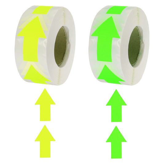 MECCANIXITY 2Pcs Arrow Sticker Labels 500 Count/Roll 1.3x2 Inch Fluorescent Yellow/Green Adhesive Arrow Shape Signs for DIY Craft Organizing Inventory