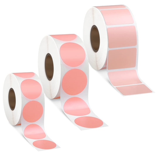 3 Rolls Mini Thermal Labels Thermal Printer Sticker 0.8 inch-1.2inch Small Size Self Adhesive Thermal Stickers Address Shipping Barcodes Sticker Labels for Printer, Square and Circle (Pink)
