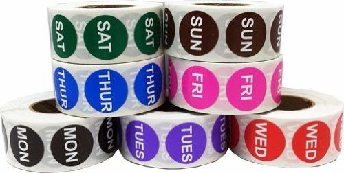 Day of The Week Labels Bulk - 3,500 Total Color Code Stickers - 500 Each of Sun, Mon, Tue, Wed, Thurs, Fri, Sat - Food Rotation Labels