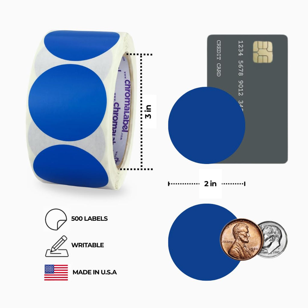 ChromaLabel 2 Inch Round Dark Blue Dot Stickers, 500/Roll 2"